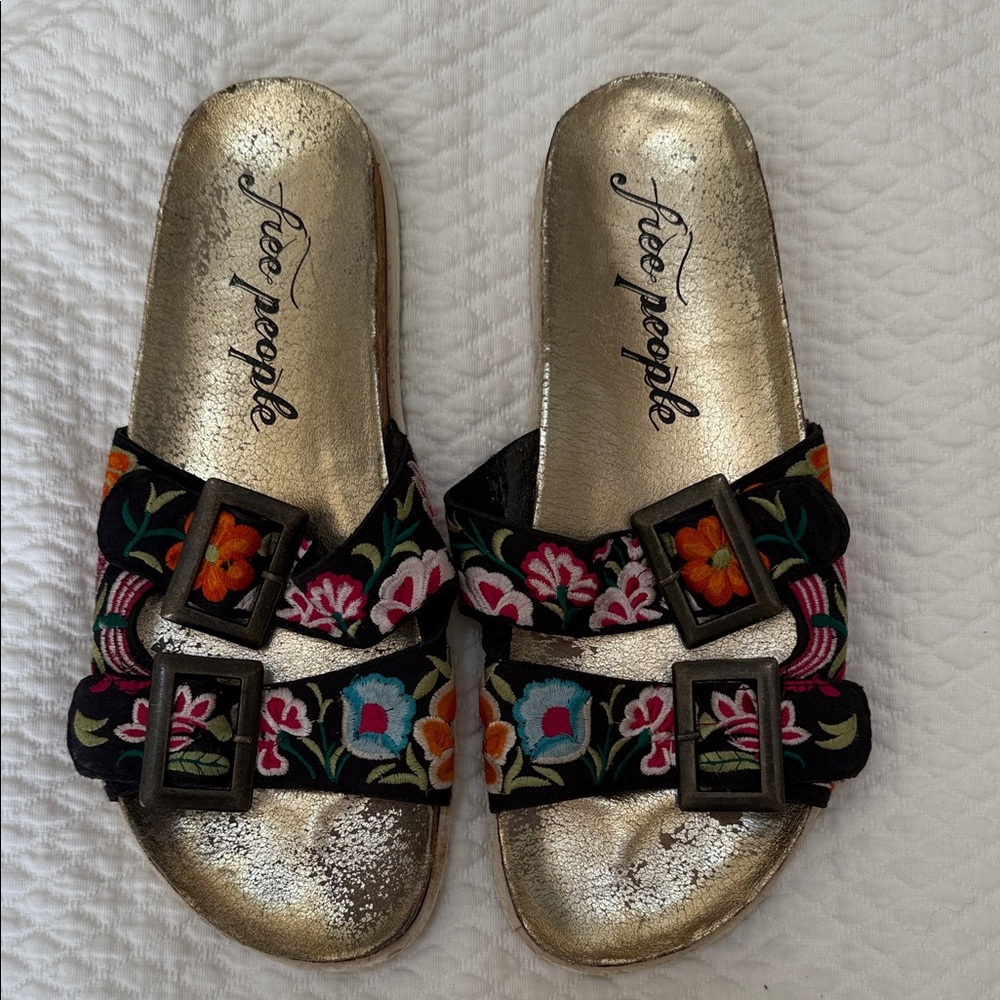 Free People Black Floral Embroidered Sandals